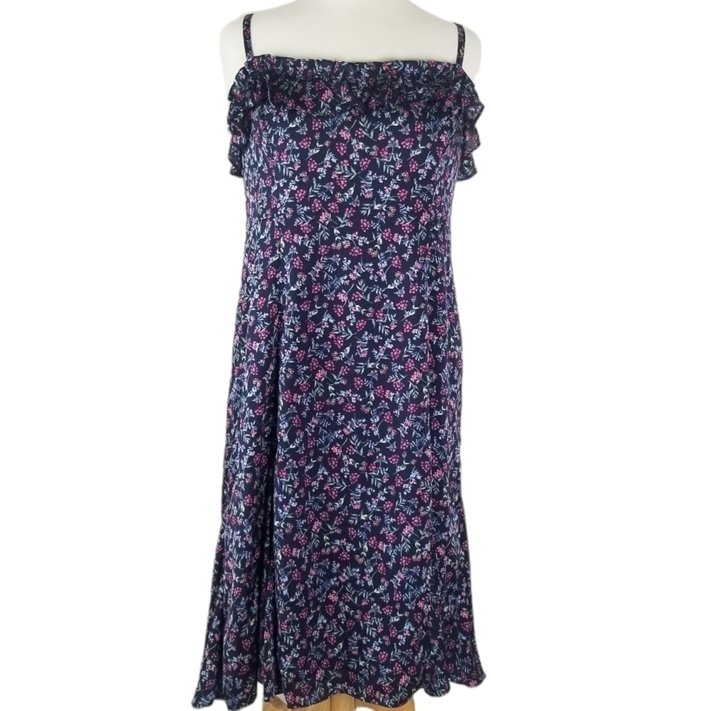 J.Crew Ruffle Stretch Silk Midi Dress Size 14 Wisp Floral Print Pleated